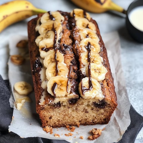 A slice of banana bread with chocolate drizzle.