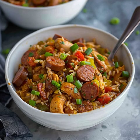 A bowl of rice with sausage and vegetables.