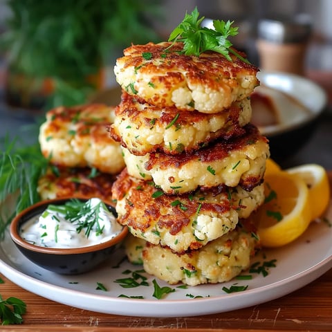 A stack of cauliflower patties with a lemon wedge on top.