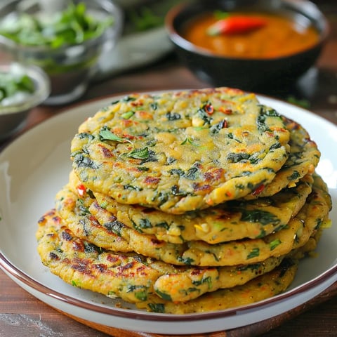 A stack of pancakes with greens on top.