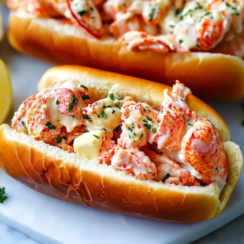 Two hot dogs with lobster meat on top.