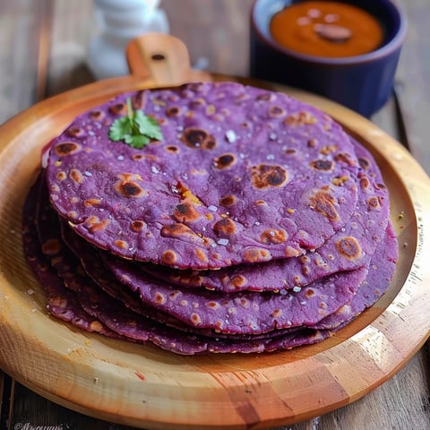 A stack of purple pancakes on a wooden platter.