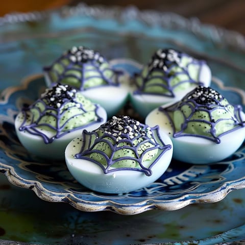 A plate of green and purple spider web decorated eggs.