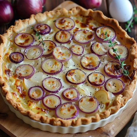 A pie with onions and cheese.