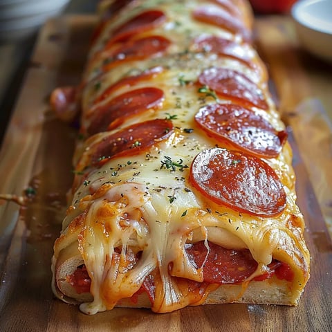 A pizza with pepperoni and cheese on a wooden board.