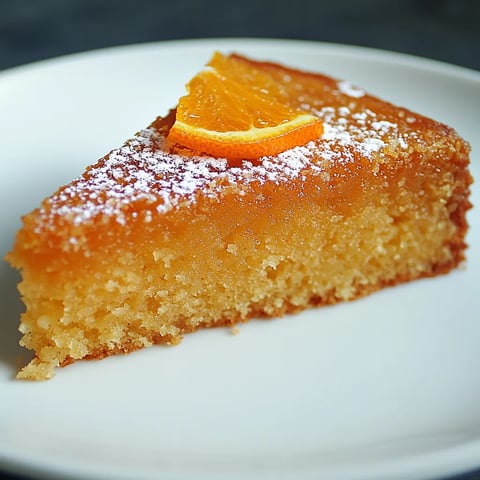 A slice of orange cake with powdered sugar on top.