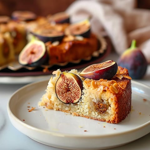 A slice of cake with figs on top.