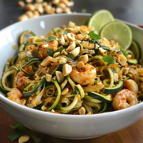 A bowl of food with shrimp, zucchini, and nuts.