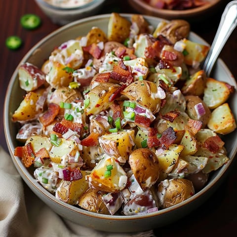 A bowl of food with potatoes and bacon.