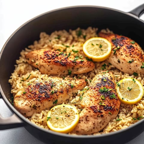 A pan of rice with chicken and lemon wedges.