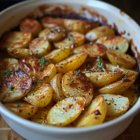 A bowl of food with potatoes and herbs.