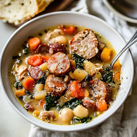 A bowl of soup with sausage and vegetables.
