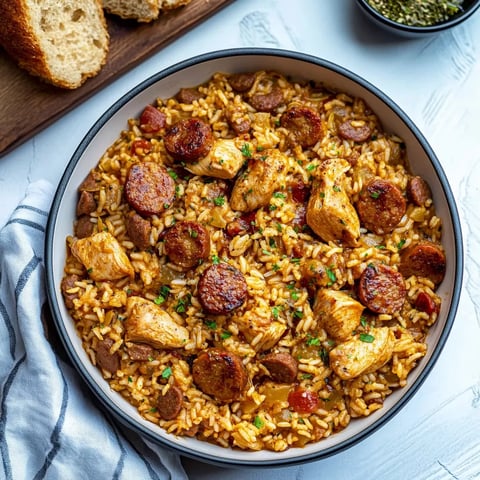 A bowl of rice with sausage and vegetables.
