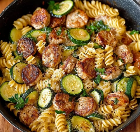 A bowl of pasta with chicken and vegetables.