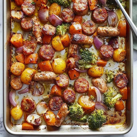 A pan of food with sausage, broccoli, and carrots.