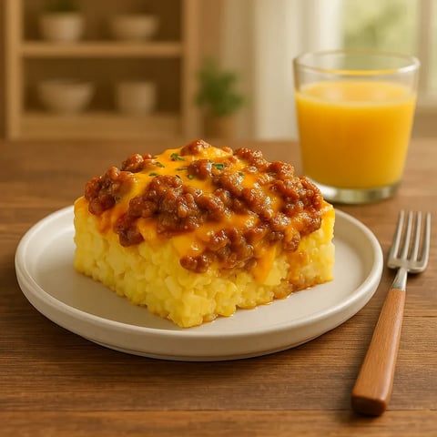 A plate of food with a fork and a glass of orange juice.