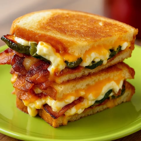 A sandwich with bacon, cheese, and jalapenos.