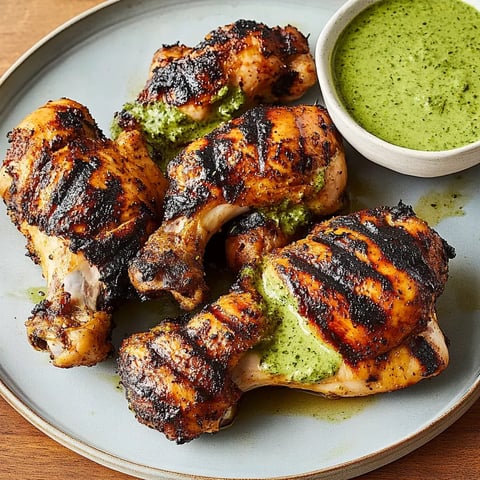 Chicken wings with green sauce on a plate.