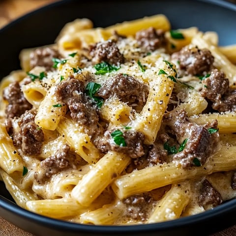 A bowl of pasta with meat and cheese.