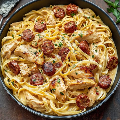 A bowl of pasta with chicken and sausage.