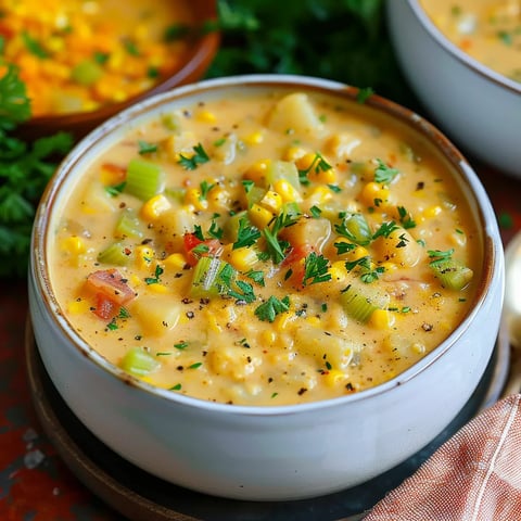 A bowl of soup with corn and green onions.