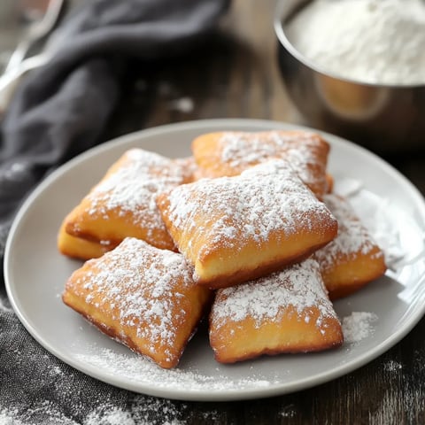 A plate of powdered sugar covered beignets.