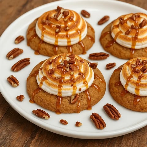 A plate of cookies with caramel drizzle.