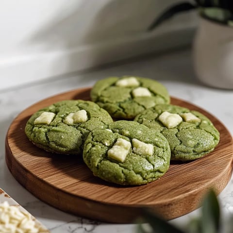 Three green cookies on a wooden board.
