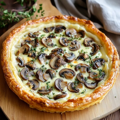 A mushroom and cheese quiche on a wooden cutting board.