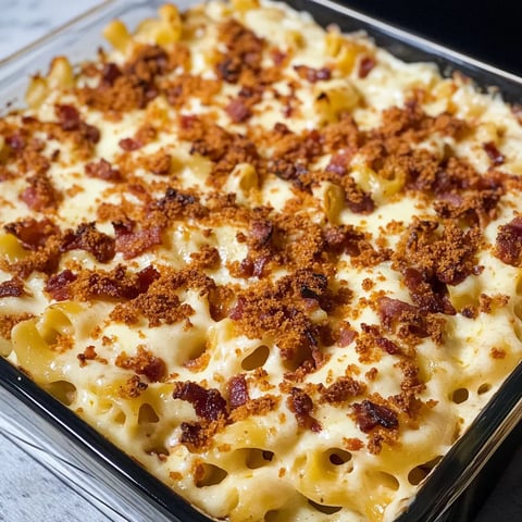 A dish of macaroni and cheese with bacon bits.