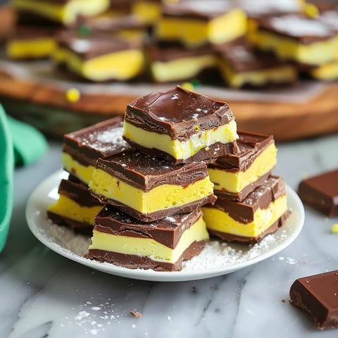 A plate of chocolate and yellow desserts.
