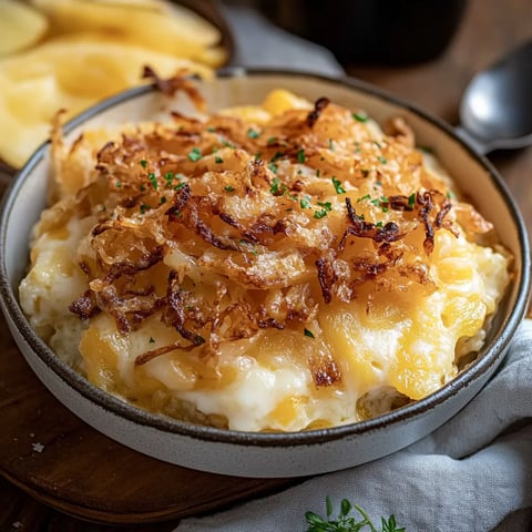 A bowl of food with onions and cheese.