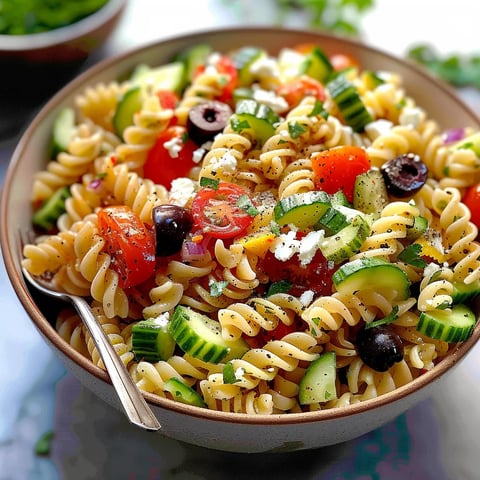 A bowl of pasta salad with vegetables.