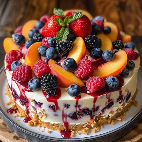 A slice of cake with blueberries and strawberries on top.