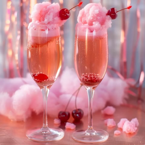 Two glasses of pink drink with cherries on top.