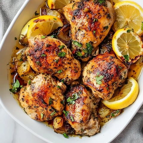 A bowl of chicken with lemon slices.