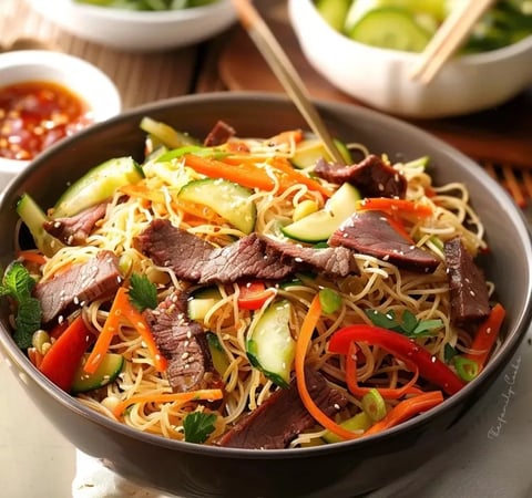 A bowl of noodles with meat and vegetables.