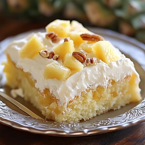 A slice of cake with white frosting and pineapple on top.
