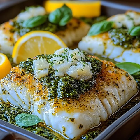 A pan of fish with lemon wedges on top.