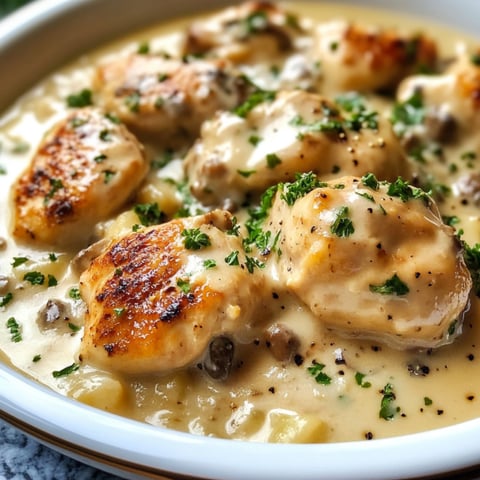A plate of chicken fricassee with mushrooms and herbs.