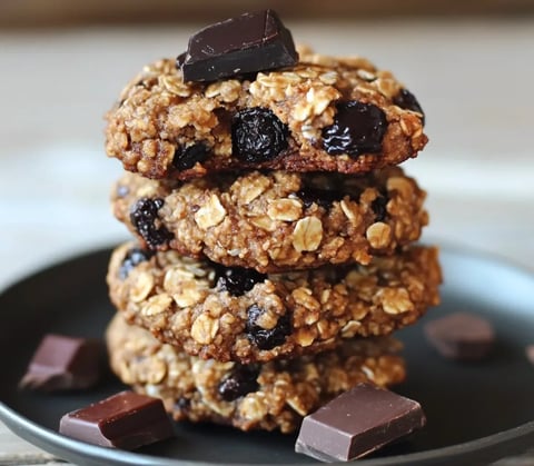 A stack of cookies made with oats and chocolate chips.