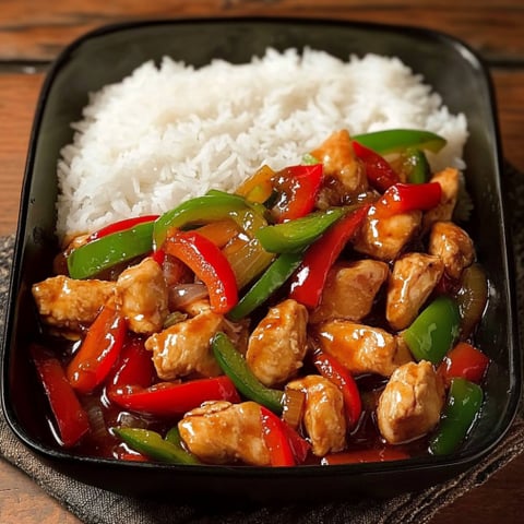 A plate of sizzling garlic chicken stir fry with peppers and steamed rice.