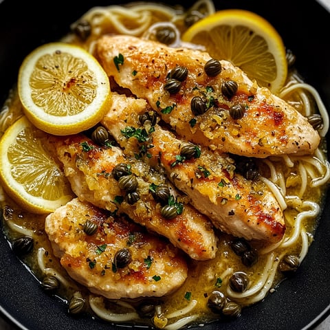 A bowl of chicken piccata with lemon and capers.