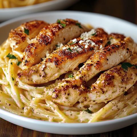 A plate of chicken and pasta.