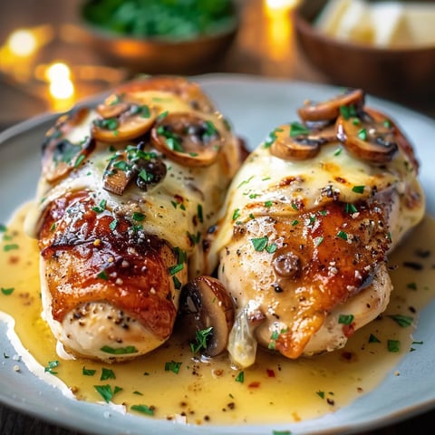 Two pieces of chicken with mushrooms on a plate.