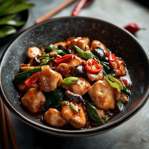 A bowl of chicken and vegetables.