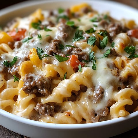 A bowl of pasta with meat and cheese.