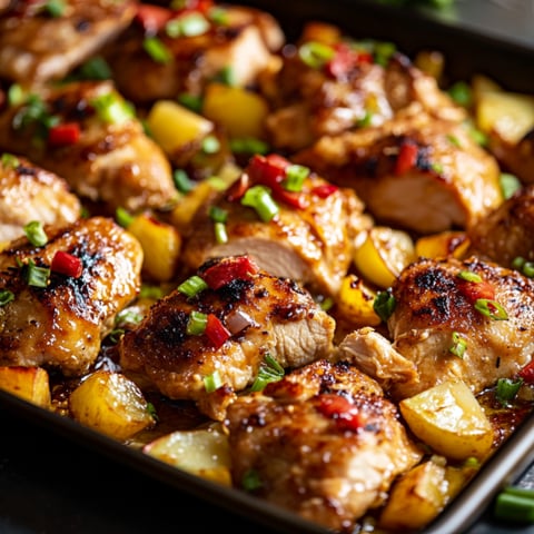 A pan of chicken with peppers and onions.