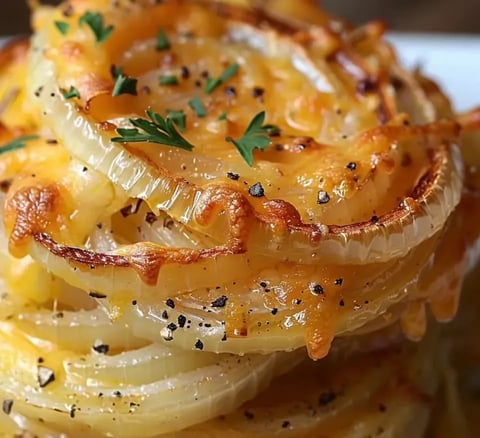 A stack of onions with cheese on top.
