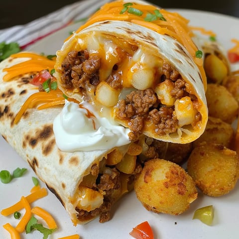 A cheesy potato burrito with a white sauce.